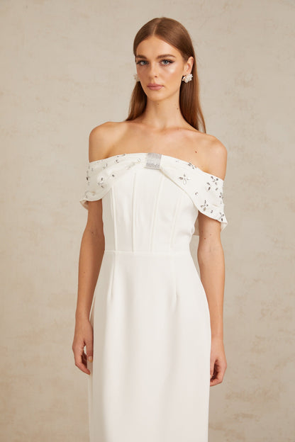 Elli White Off-Shoulder Embellished Midi Dress