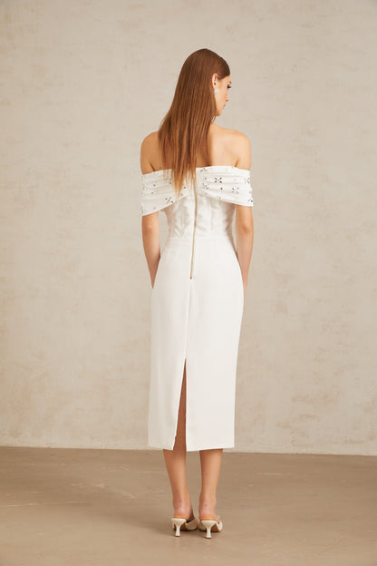 Elli White Off-Shoulder Embellished Midi Dress