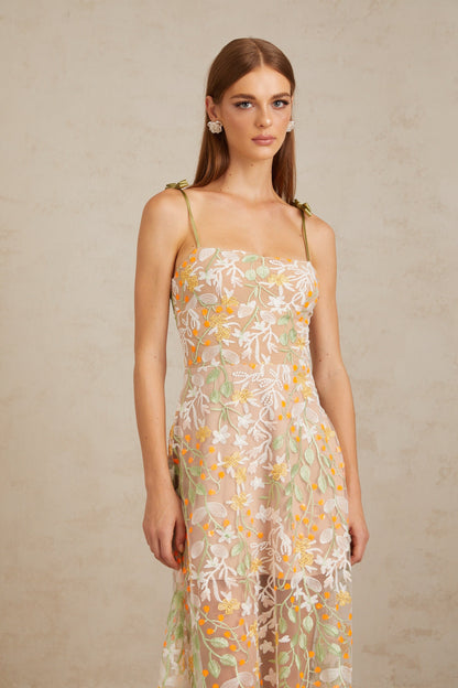 Bérénice Neutral Floral Embroidered Flare Maxi Dress