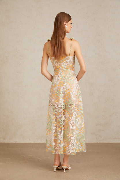 Bérénice Neutral Floral Embroidered Flare Maxi Dress
