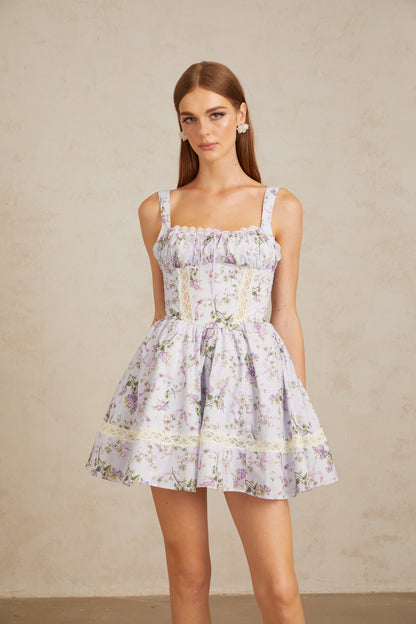Apolline Lilac Lace Trim Floral Mini Dress