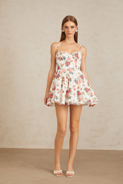 Airelle White Flounced Rose Print Mini Dress