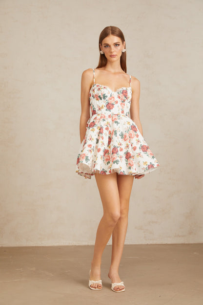 Airelle White Flounced Rose Print Mini Dress