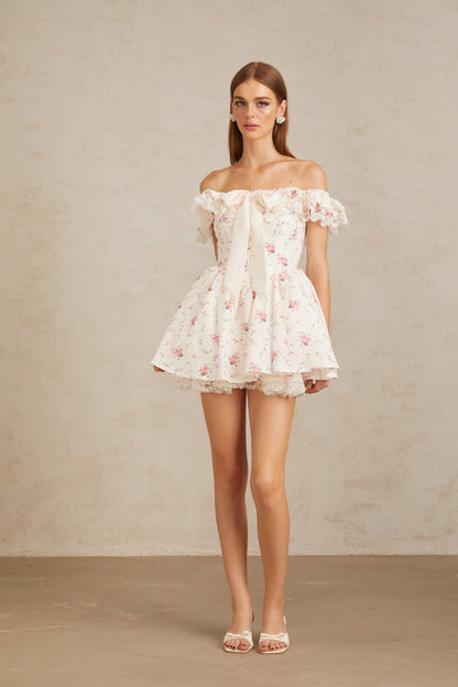 Arsène White Oversize Bow Floral Print Mini Dress