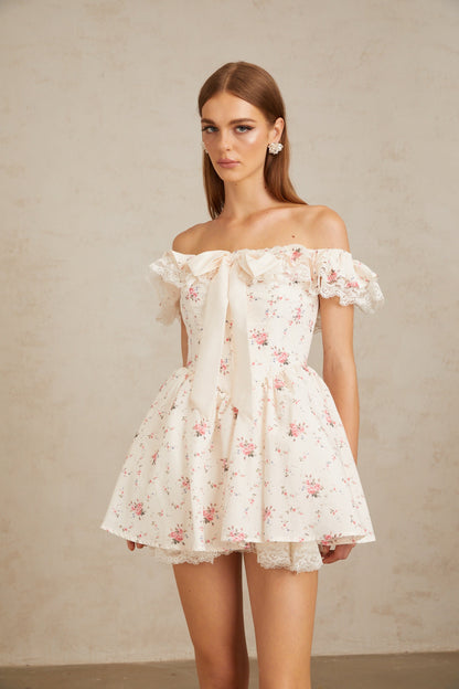 Arsène White Oversize Bow Floral Print Mini Dress