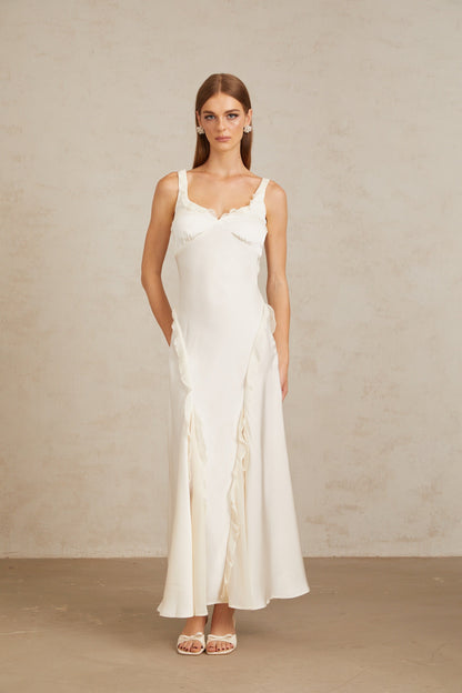 Eeva White Ruffled Trim Maxi Dress