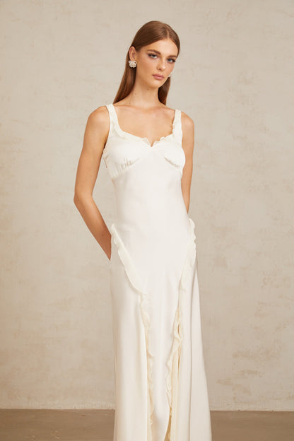 Eeva White Ruffled Trim Maxi Dress
