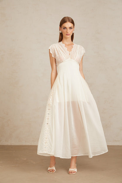 Lumière White Embroidered Shirred Maxi Dress
