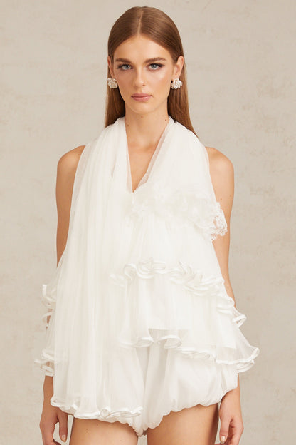 Ella White Ruffled Tulle Top & Shorts Co-ord Set