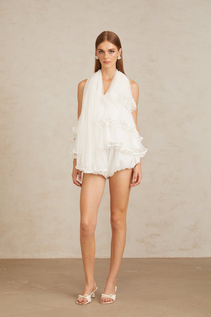 Ella White Ruffled Tulle Top & Shorts Co-ord Set