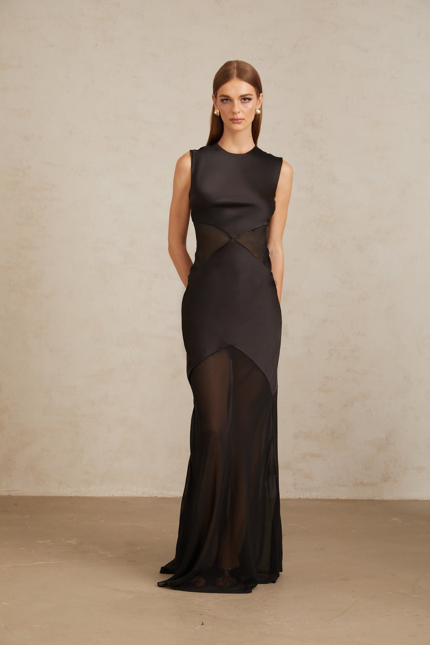 Siiri Black Tulle Panel Satin Maxi Gown