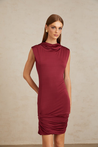 Aino Red Hooded Ruched Mini Dress