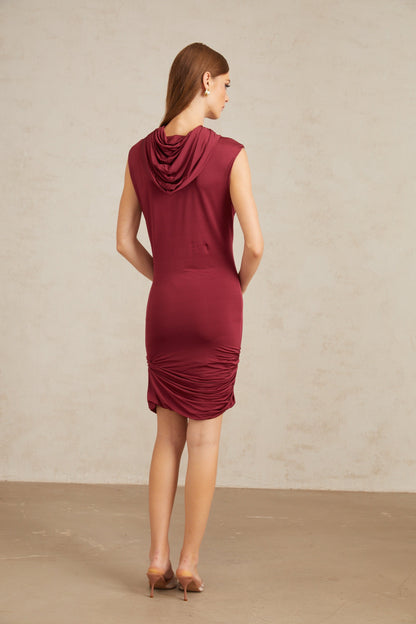 Aino Red Hooded Ruched Mini Dress
