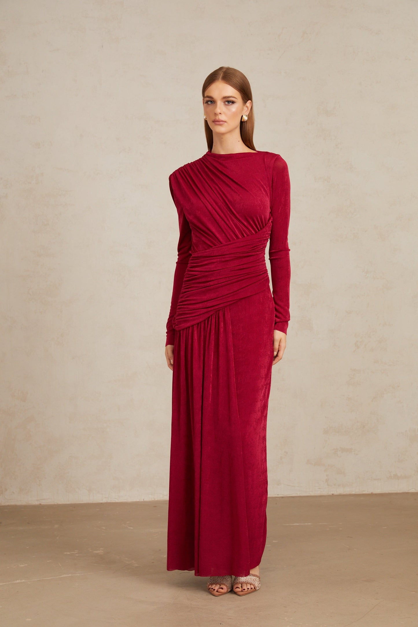Charme Red Ruched Maxi Dress