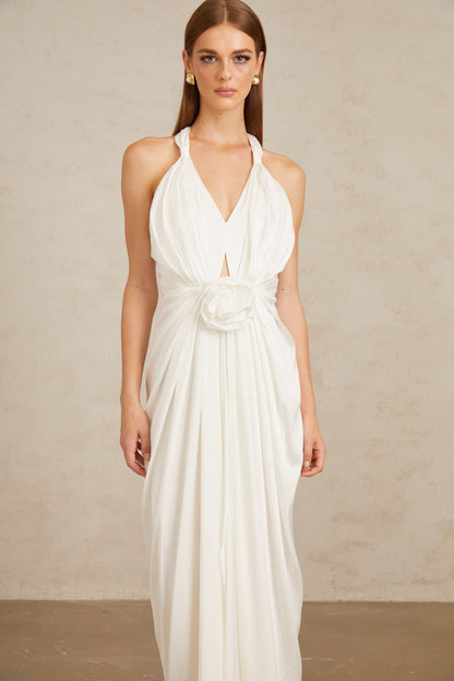 Anais White Gathered Floral Appliqué Maxi Gown