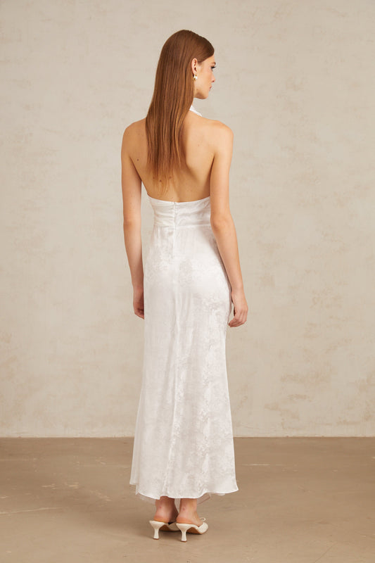 Marie White Ruched Jacquard Floral Maxi Dress