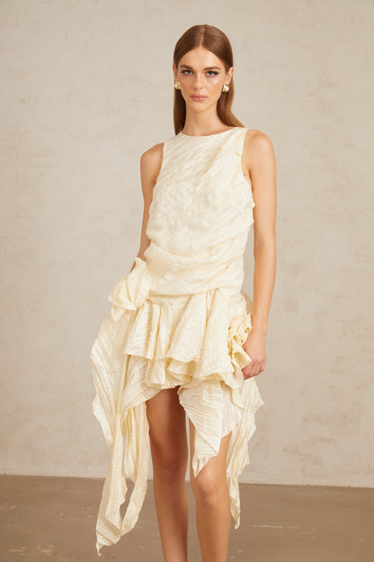 Helka Neutral Creased Asymmetrical Floral Mini Dress