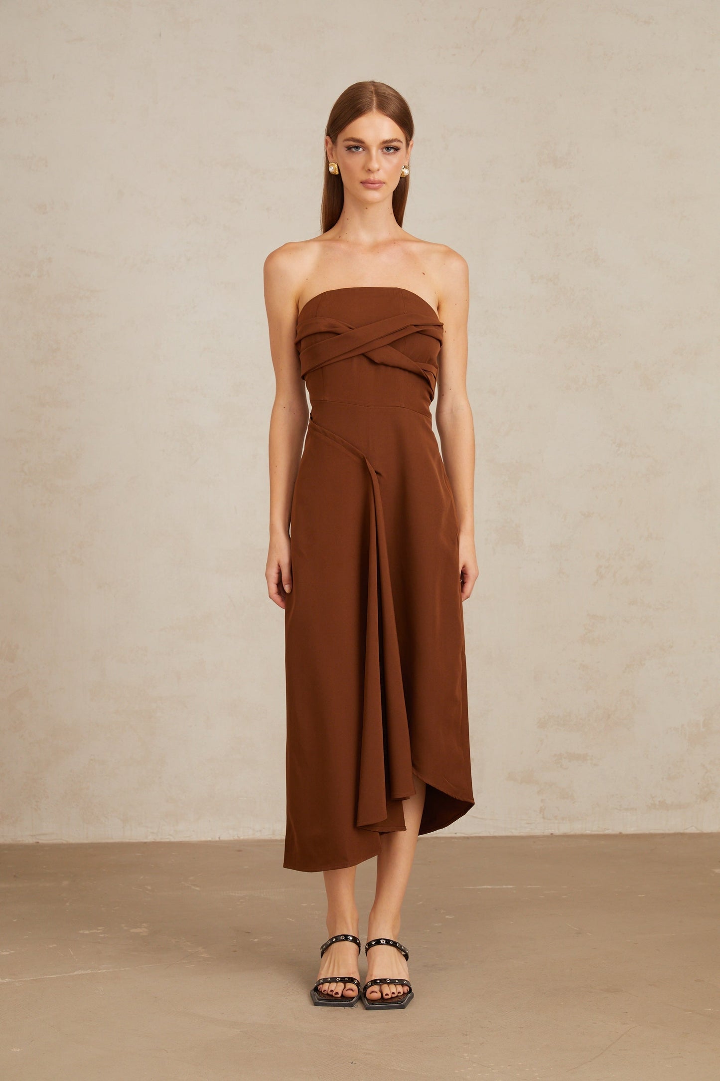 Kyliegh Brown Asymmetrical Off-Shoulder Midi Dress