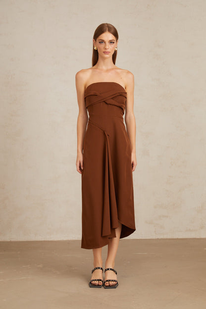 Kyliegh Brown Asymmetrical Off-Shoulder Midi Dress
