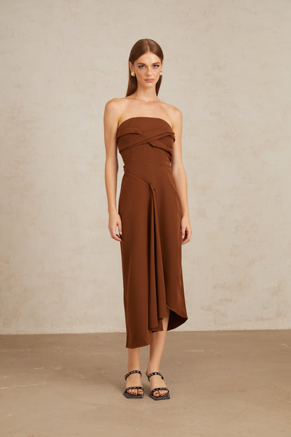 Kyliegh Brown Asymmetrical Off-Shoulder Midi Dress