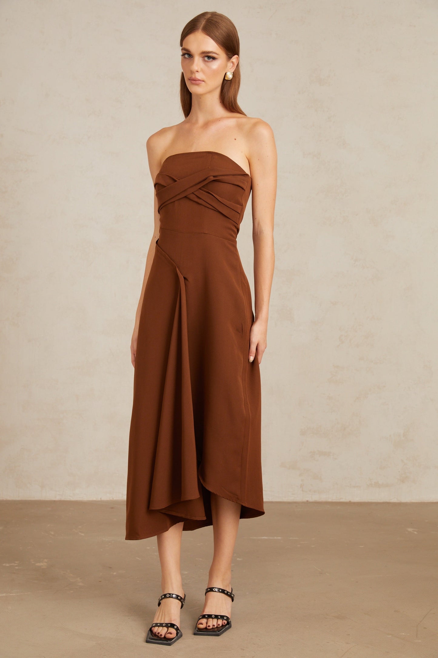Kyliegh Brown Asymmetrical Off-Shoulder Midi Dress