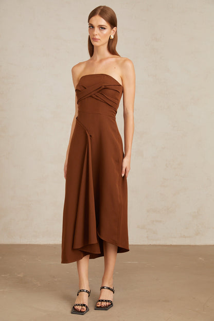 Kyliegh Brown Asymmetrical Off-Shoulder Midi Dress