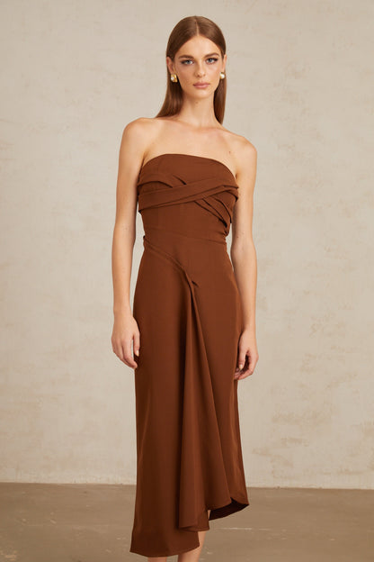 Kyliegh Brown Asymmetrical Off-Shoulder Midi Dress