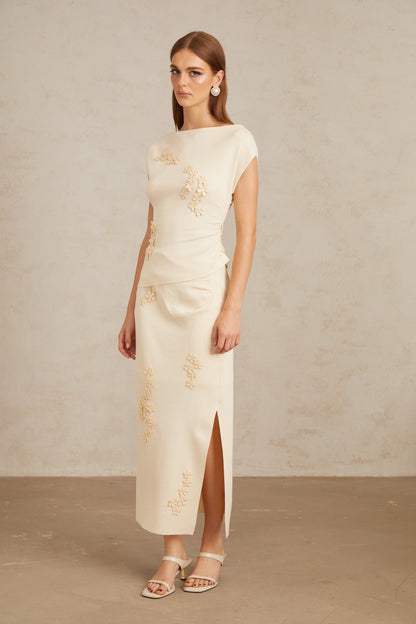 Étienne Neutral Floral Appliqué Knit Top & Skirt Set