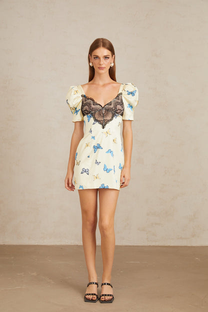 Sirkka White Butterfly Print Satin Mini Dress