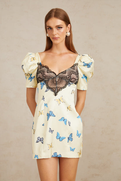 Sirkka White Butterfly Print Satin Mini Dress