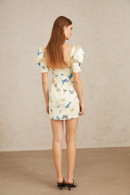Sirkka White Butterfly Print Satin Mini Dress