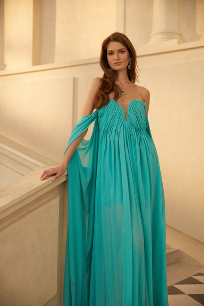 Maelle Green Off Shoulder Pleated Maxi Dress