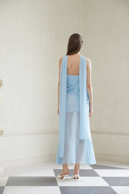 Gaia Blue Ruched Mesh Maxi Dress