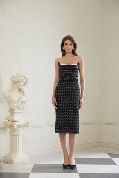 Rauha Black Plaid Weave Tweed Midi Dress