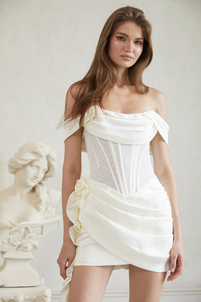 Adèle White Ruched Satin Mini Dress