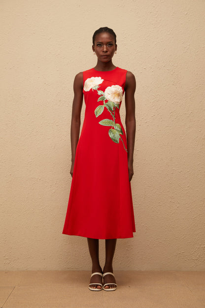 Mackenzie Red Floral Embroidered Midi Dress