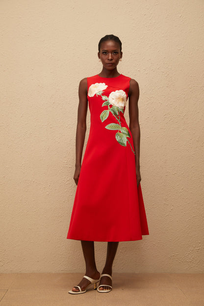 Mackenzie Red Floral Embroidered Midi Dress