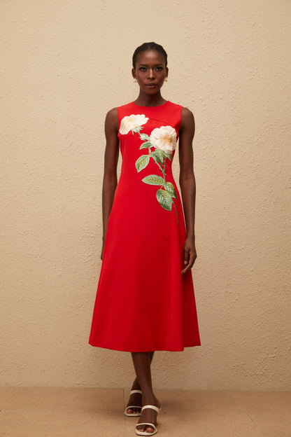 Mackenzie Red Floral Embroidered Midi Dress
