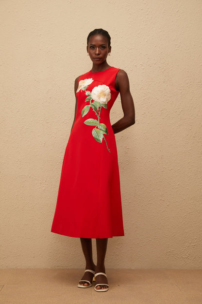 Mackenzie Red Floral Embroidered Midi Dress