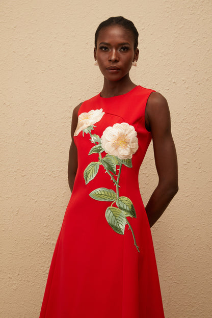 Mackenzie Red Floral Embroidered Midi Dress