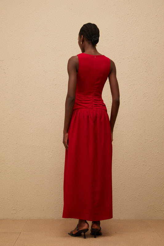 Kleopatra Red Keyhole Detail Ruched Midi Dress