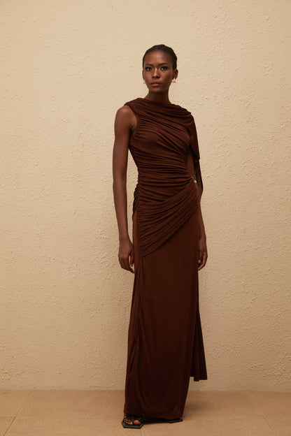 Paloma Brown Sleeveless Asymmetrical Ruched Knit Maxi Dress