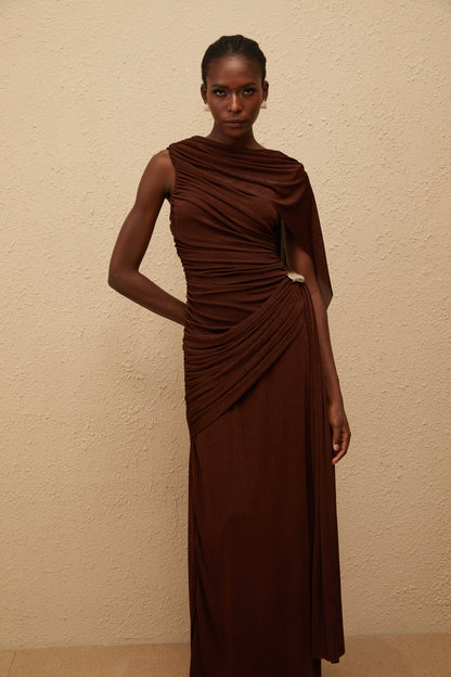 Paloma Brown Sleeveless Asymmetrical Ruched Knit Maxi Dress