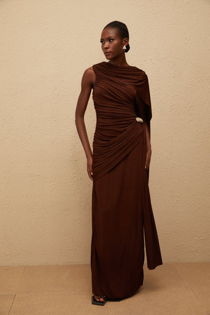 Paloma Brown Sleeveless Asymmetrical Ruched Knit Maxi Dress