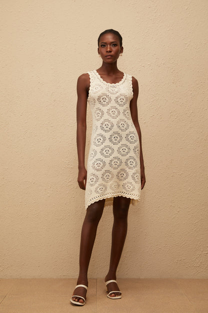Ismérie White Scalloped Crochet Knit Mini Dress