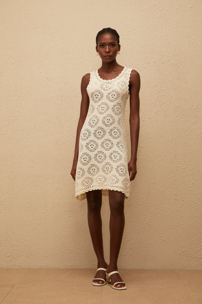 Ismérie White Scalloped Crochet Knit Mini Dress