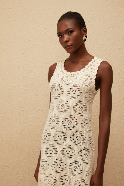 Ismérie White Scalloped Crochet Knit Mini Dress