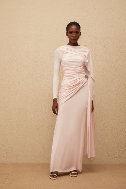 Paloma Pink Asymmetrical Ruched Knit Maxi Dress