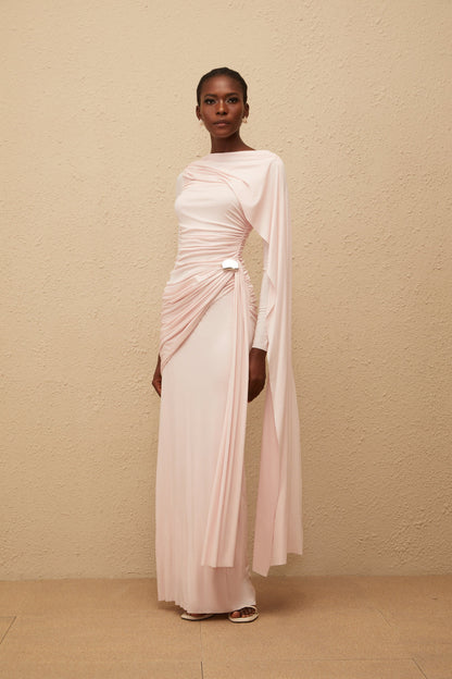 Paloma Pink Asymmetrical Ruched Knit Maxi Dress