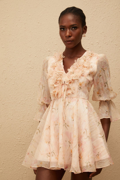 Aliénor Peach Glossy Floral Print Mini Dress